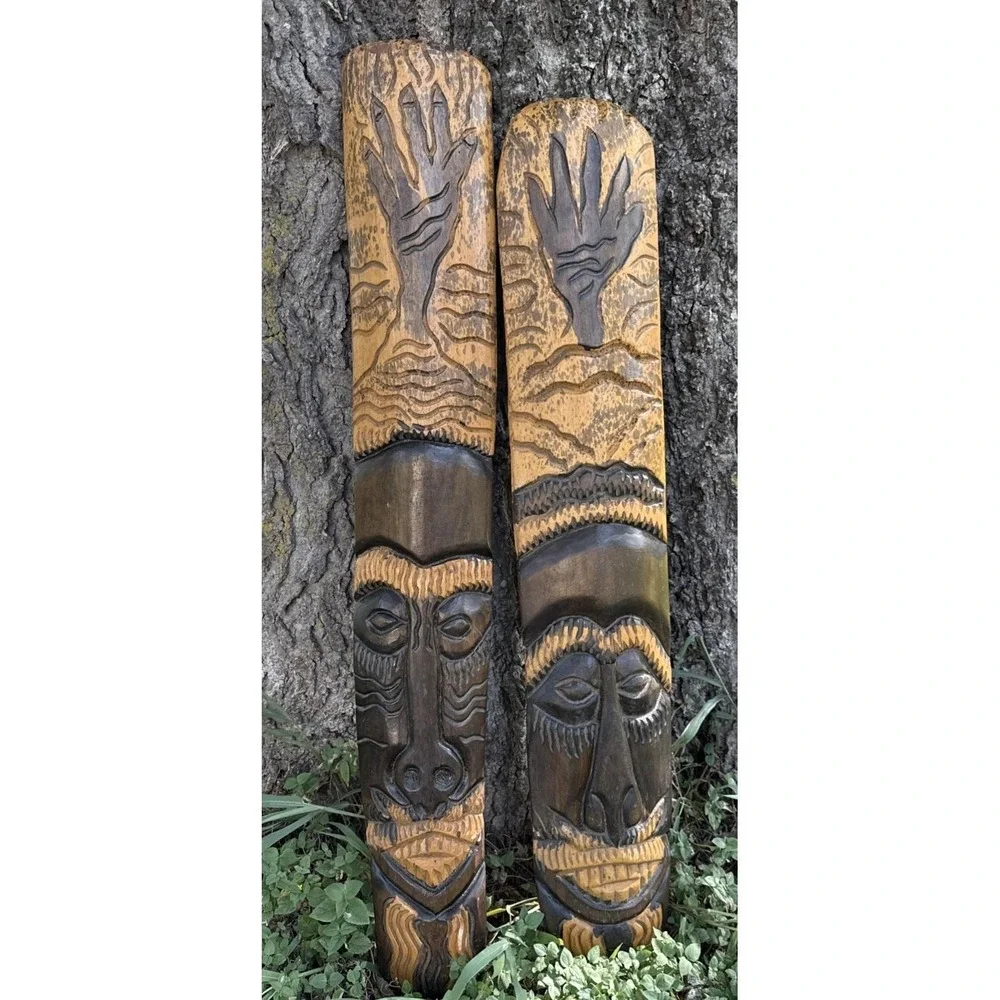 VTG Hand Carved Wood Tribal Wall Plaques Pair 36